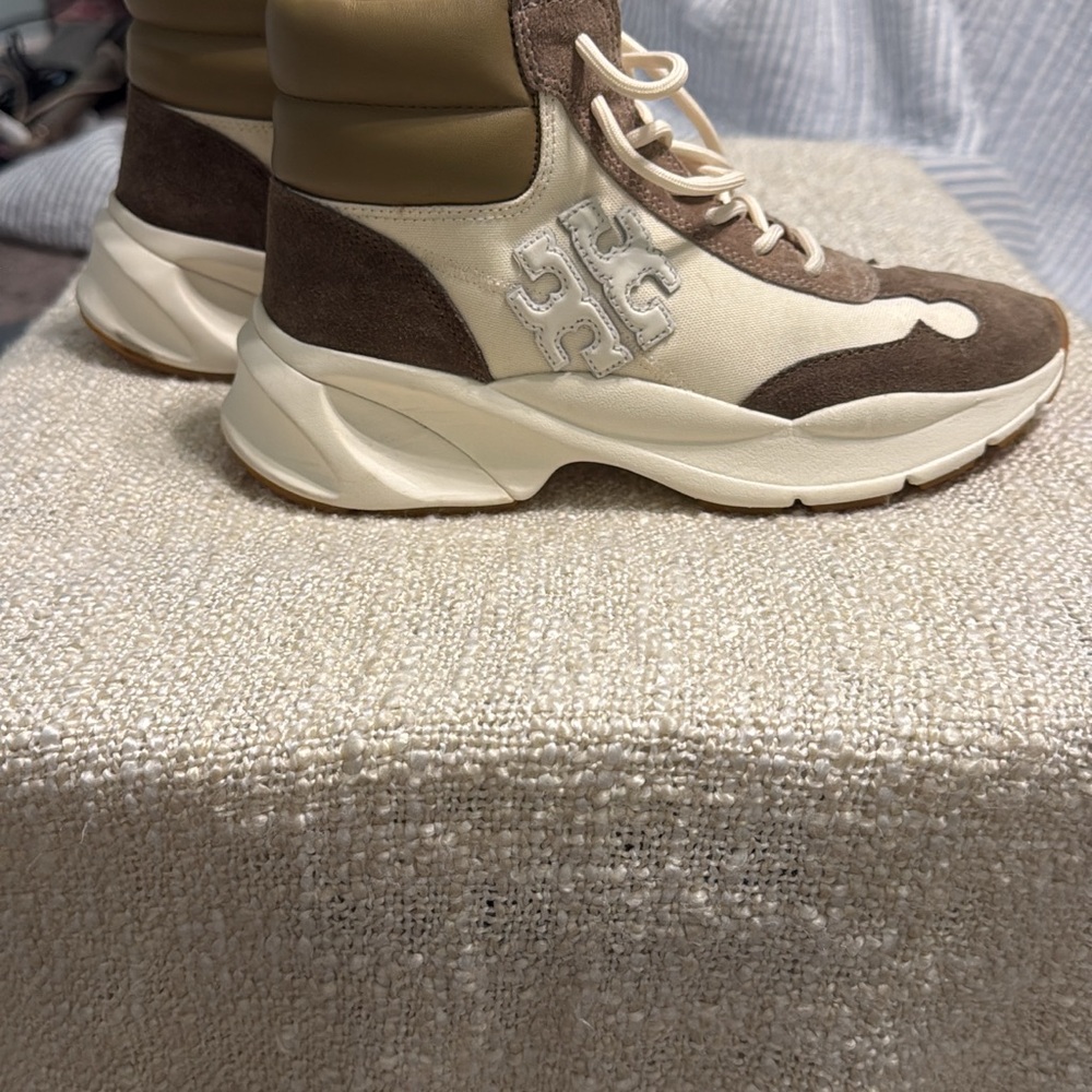 Tory Burch Cream and Brown High-Top Sneakers